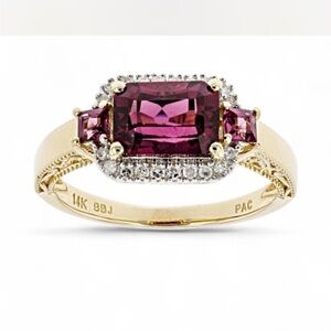 NEW 14k SOLID GOLD Rhodolite Garnet  White Diamond 14kt Yellow Gold Halo 14K